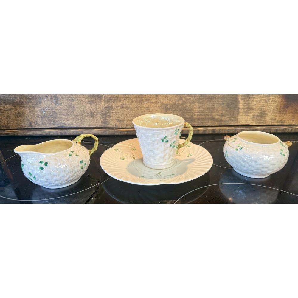 Beleek Shamrock Basket Weave Open Sugar Creamer & Cup AND Saucer Vintage